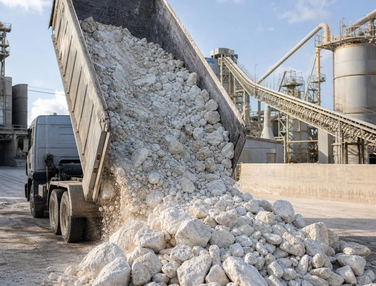 Bulk gypsum being unloaded from a truck at a cement factory yard
