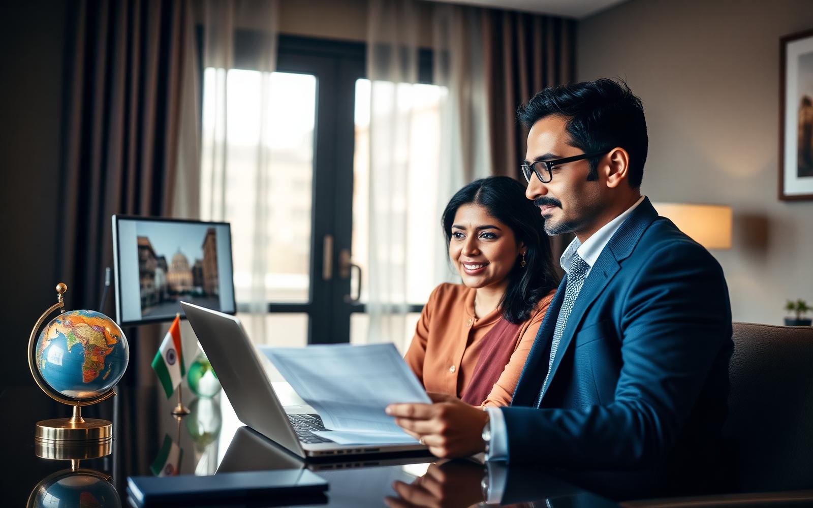 NRI Indian couple reviewing property and investment documents with an advisor on a video call