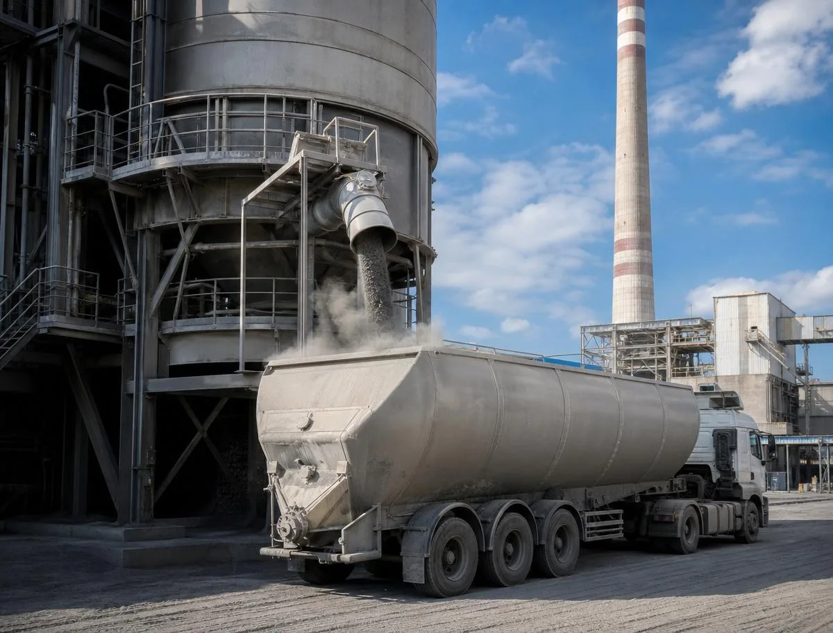 Bulk fly ash being loaded from a thermal power plant silo into a tanker truck