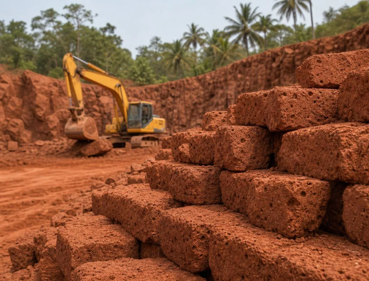 Reddish-brown laterite stones stacked at a South Indian quarry