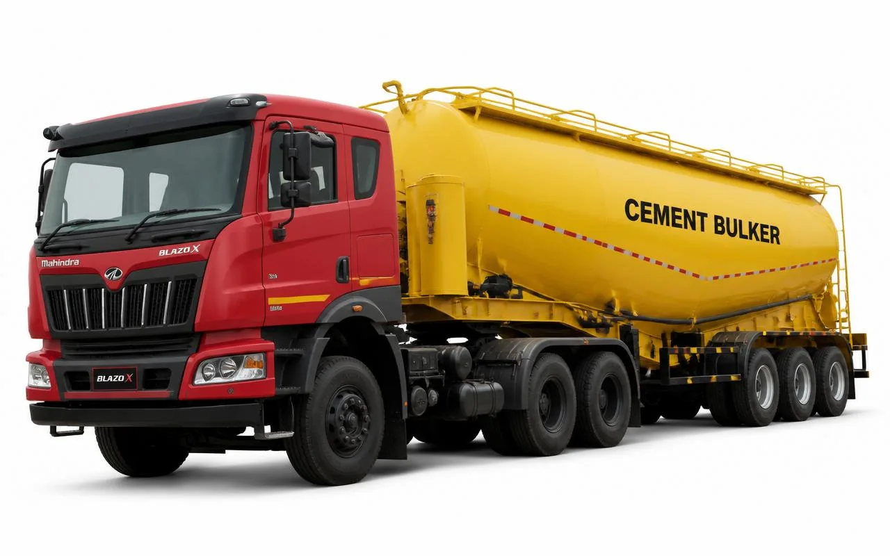 Silver cement bulker tanker truck parked at a South Indian cement factory yard